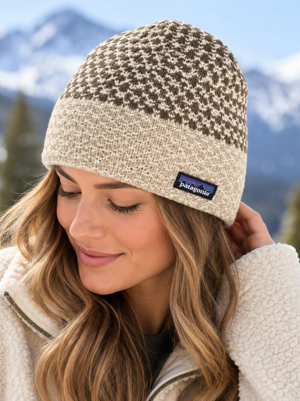 Patagonia Geometric Knit Beanie Hat Brown Cream Winter Ski Unisex